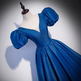 Blue saitn long prom dress A line evening gown HZ1023