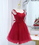 Burgundy tulle lace-up short prom dress party dress HZ1023