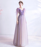 Purple v neck tulle long prom dress A line evening gown HZ1023