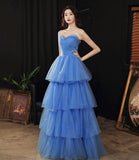 Blue tulle long A line prom dress blue evening gown HZ1023