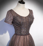 Shiny tulle beads long prom dress A line evening gown HZ1023