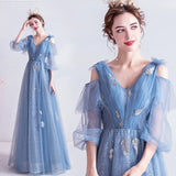 Blue v neck tulle long prom dress A line evening dress HZ1023