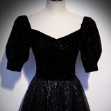 Black tulle long prom dress A line evening gown HZ1023