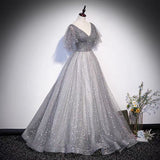 Gray tulle sequins long prom dress A line evening gown HZ1023