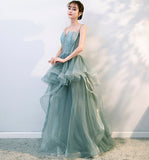 Green tulle lace long prom dress evening gown HZ1023