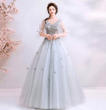 Gray tulle applique long prom dress evening gown HZ1023