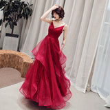 Burgundy v neck tulle long prom dress, formal dress HZ1023