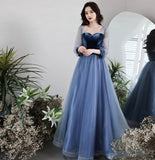 Blue vlevet tulle long prom dress A line evening gown HZ1023