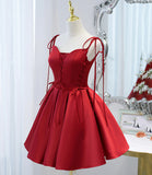 Burgundy satin lace-up short prom dress party dress HZ1023