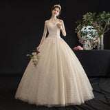Champagne tulle sequins long ball gown dress HZ1023