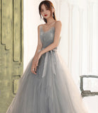 Gray tulle lace long prom dress A line evening gown HZ1023