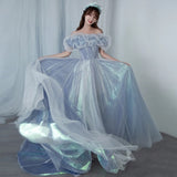 Romantic tulle long A line prom dress blue evening gown HZ1023