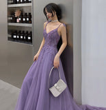 Purple tulle lace long prom dress A line evening gown HZ1023