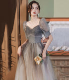 Cute tulle beads long A line prom dress evening gown HZ1023