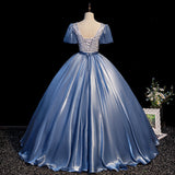 Blue satin long ball gown dress blue evening gown HZ1023