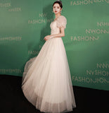 White tulle sequins long prom dress A line evening gown HZ1023