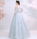 Gray tulle applique long prom dress evening gown HZ1023