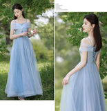 Blue tulle long A line prom dress bridesmaid dress HZ1023