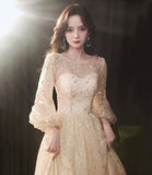 Stylish tulle sequins prom dress long sleeve evening dress HZ1023