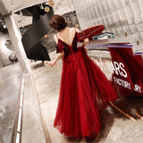 Burgundy v neck tulle sequins long prom dress, evening dress HZ1023