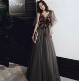 Black v neck tulle sequins long prom dress evening gown HZ1023