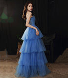 Blue tulle long A line prom dress blue evening gown HZ1023