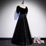 Black tulle long prom dress A line evening gown HZ1023
