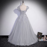 Gray tulle lace long prom dress A line evenig gown HZ1023