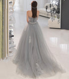 Gray tulle lace long prom dress A line evening gown HZ1023