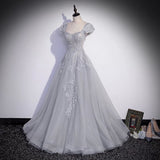 Gray tulle lace long prom dress A line evenig gown HZ1023