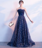 Blue tulle sequins long prom dress A line evening gown HZ1023