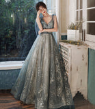 Gray tulle sequins long prom dress evening gown HZ1023