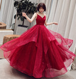 Burgundy v neck tulle long prom dress, formal dress HZ1023