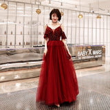 Burgundy v neck tulle sequins long prom dress, evening dress HZ1023