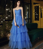 Blue tulle long A line prom dress blue evening gown HZ1023