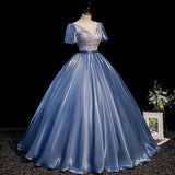 Blue satin long ball gown dress blue evening gown HZ1023