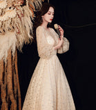 Stylish tulle sequins prom dress long sleeve evening dress HZ1023