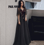 Black v neck tulle sequins long prom dress evening gown HZ1023
