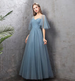 Blue tulle long prom dress A line evening dress HZ1023