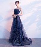 Blue tulle sequins long prom dress A line evening gown HZ1023