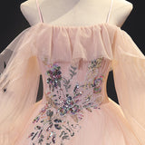 Pink tulle sequins long ball gown dress evening gown HZ1023