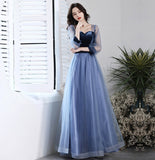 Blue vlevet tulle long prom dress A line evening gown HZ1023
