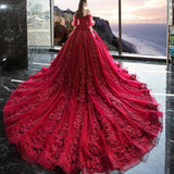 Burgundy lace long A line ball gown dress formal dress HZ1023