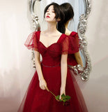 Burgundy tulle long A line prom dress evening gown HZ1023