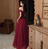 Burgundy lace beads long prom dress evening dress HZ1023