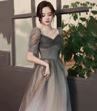 Cute tulle beads long A line prom dress evening gown HZ1023