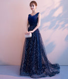 Blue v neck tulle sequins long prom dress blue evening gown HZ1023