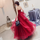Burgundy v neck tulle long prom dress, formal dress HZ1023