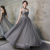Gray tulle beads long prom gown A line evening gown HZ1023