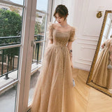 Gold tulle long prom dress A line evening dress HZ1023